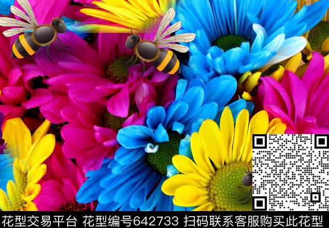 向日葵花卉小蜜蜂数码印花华亿平台下载（图片编号: 642733） - 瓦栏（Walan）