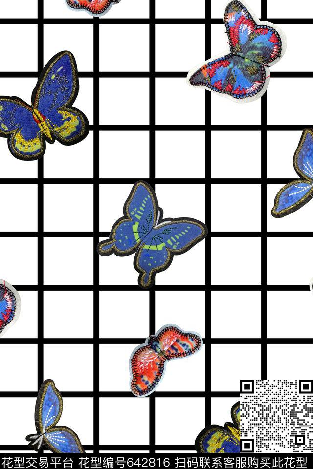 流行时尚几何格子蝴蝶数码印花华亿平台下载（图片编号: 642816） - 瓦栏（Walan）