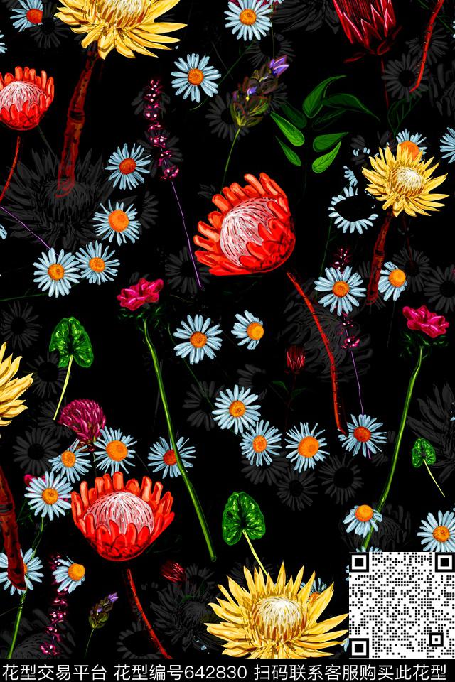 手绘花卉复古数码印花华亿平台下载（图片编号: 642830） - 瓦栏（Walan）
