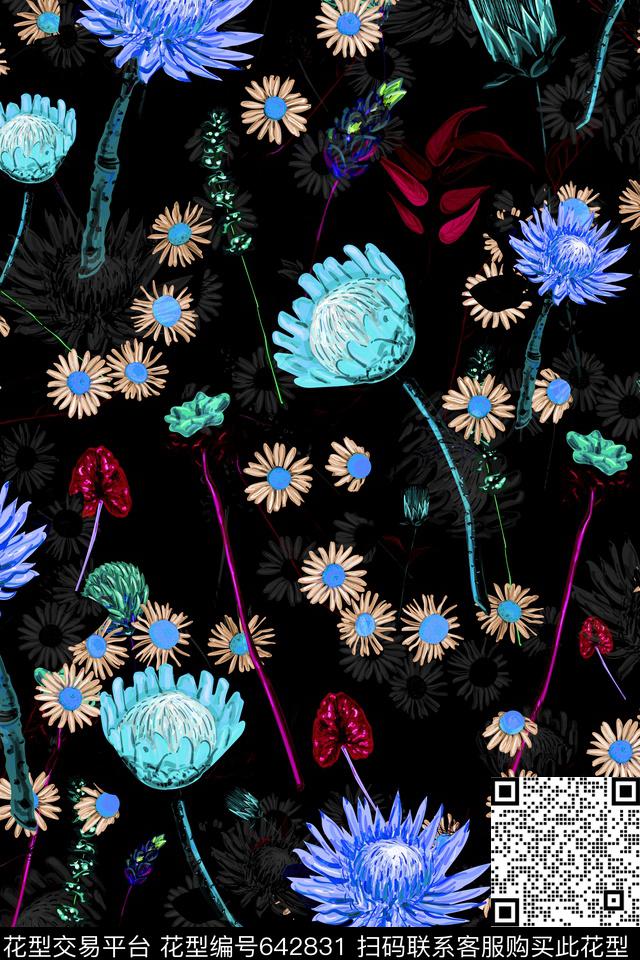 手绘花卉复古数码印花华亿平台下载（图片编号: 642831） - 瓦栏（Walan）