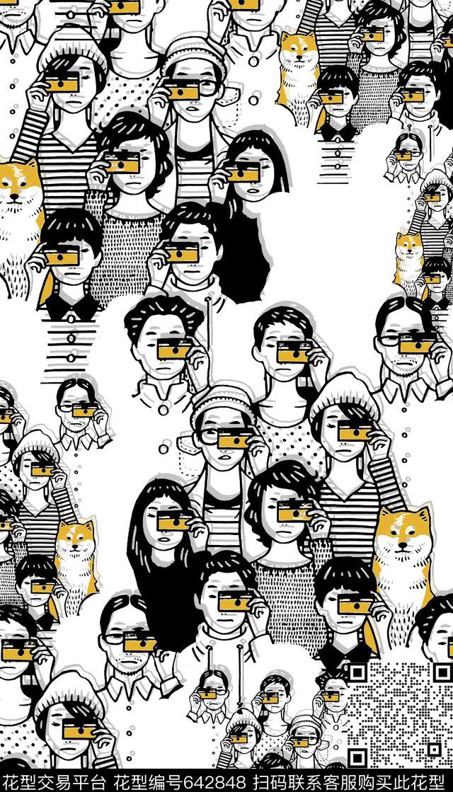 创意休闲黑白人物组合传统印花华亿平台下载（图片编号: 642848） - 瓦栏（Walan）