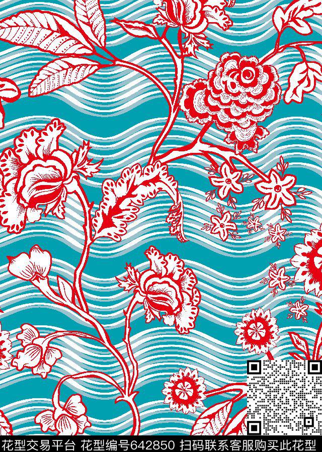 传统花卉波浪形几何底纹清爽亮丽华亿平台传统印花华亿平台下载（图片编号: 642850） - 瓦栏（Walan）