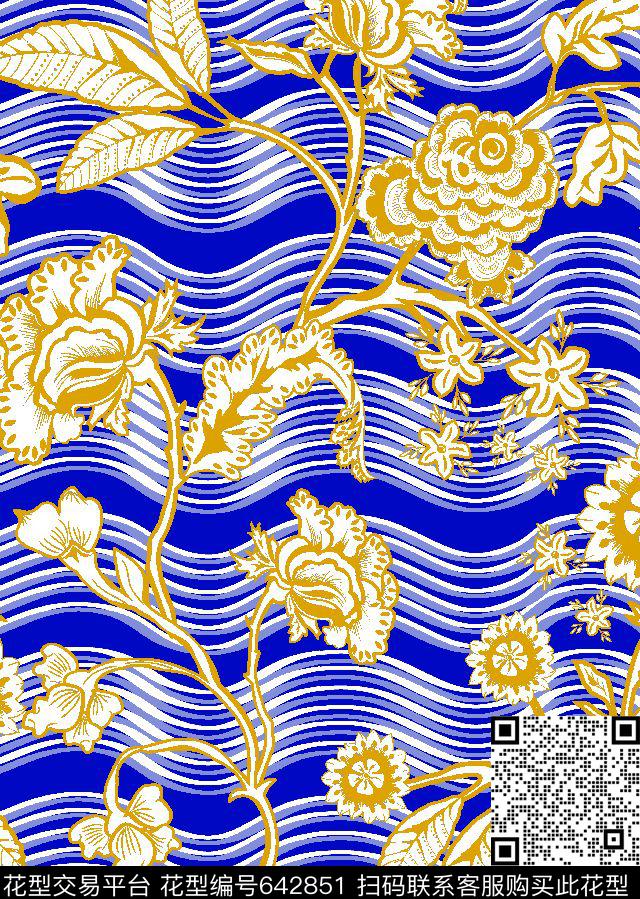 传统花卉波浪形几何底纹清爽亮丽华亿平台传统印花华亿平台下载（图片编号: 642851） - 瓦栏（Walan）
