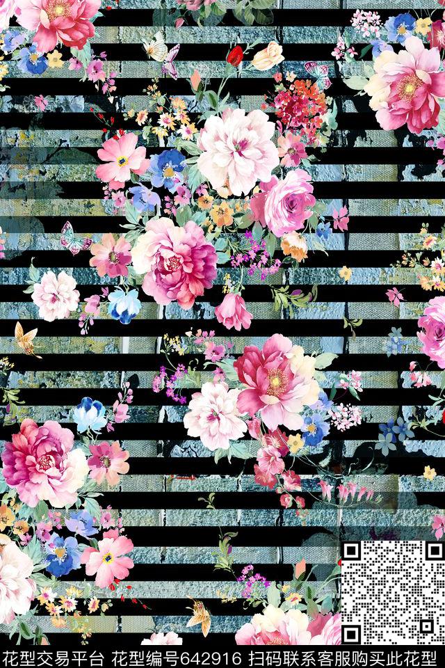 几何花卉手绘花卉条纹数码印花华亿平台下载（图片编号: 642916） - 瓦栏（Walan）