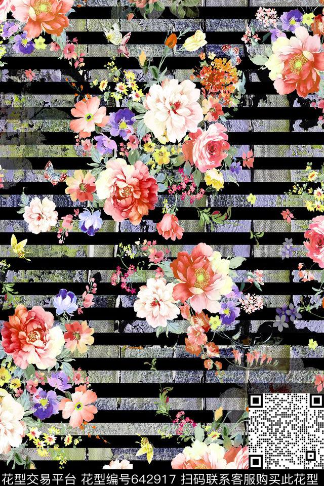 几何花卉手绘花卉条纹数码印花华亿平台下载（图片编号: 642917） - 瓦栏（Walan）