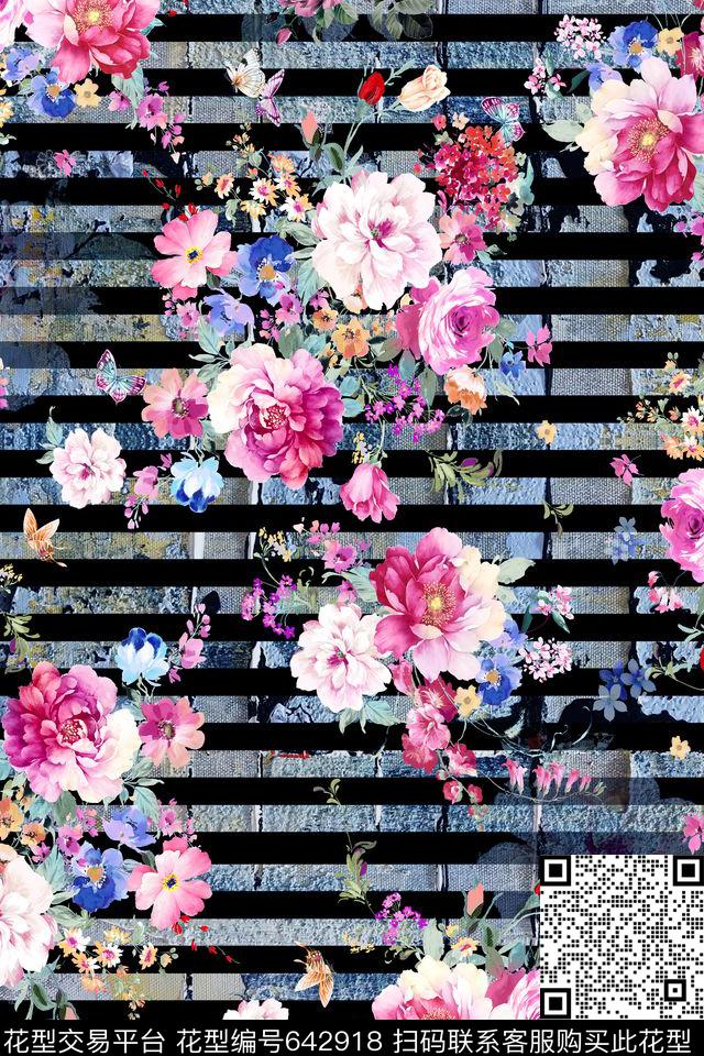 几何花卉手绘花卉条纹数码印花华亿平台下载（图片编号: 642918） - 瓦栏（Walan）