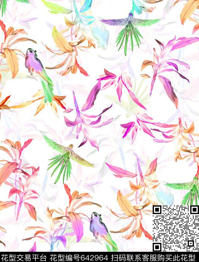时尚清爽女装手绘花卉热带雨林植物数码印花华亿平台下载（图片编号: 642964） - 瓦栏（Walan）
