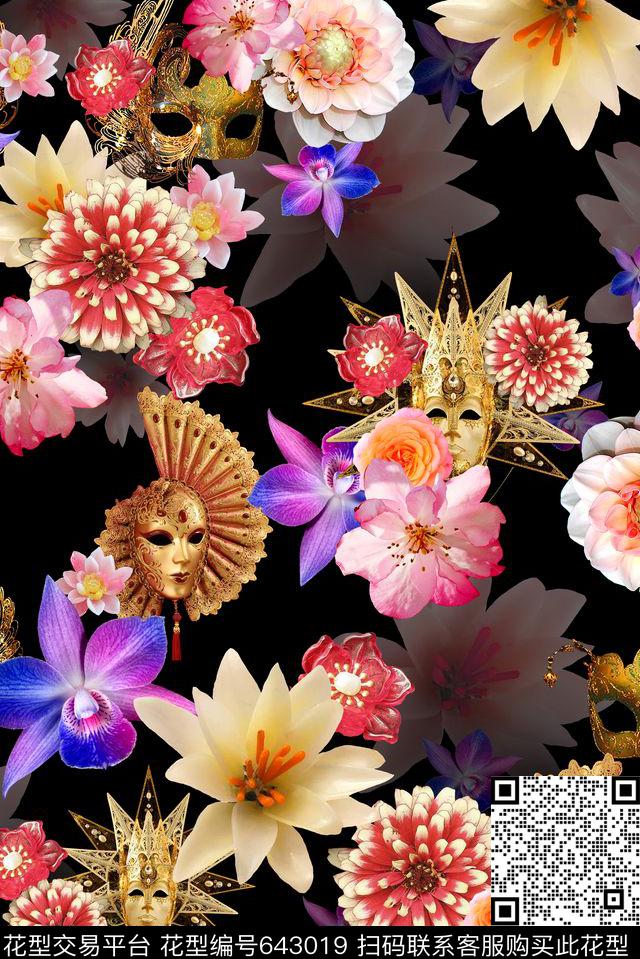面具花卉平底数码印花华亿平台下载（图片编号: 643019） - 瓦栏（Walan）