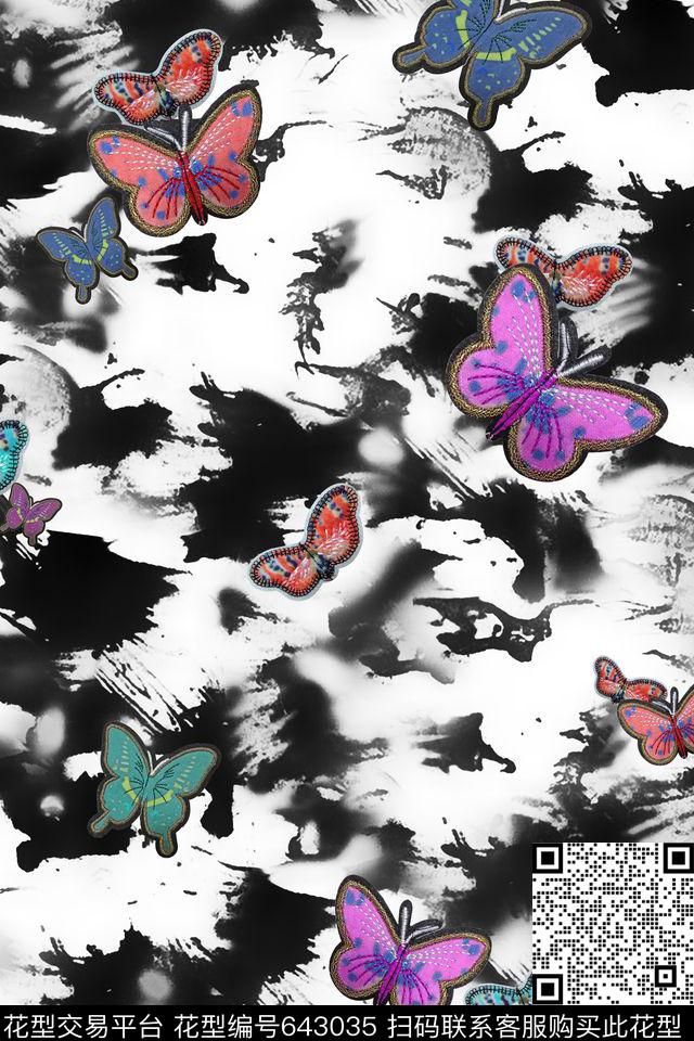 流行时尚蝴蝶刺绣数码印花华亿平台下载（图片编号: 643035） - 瓦栏（Walan）