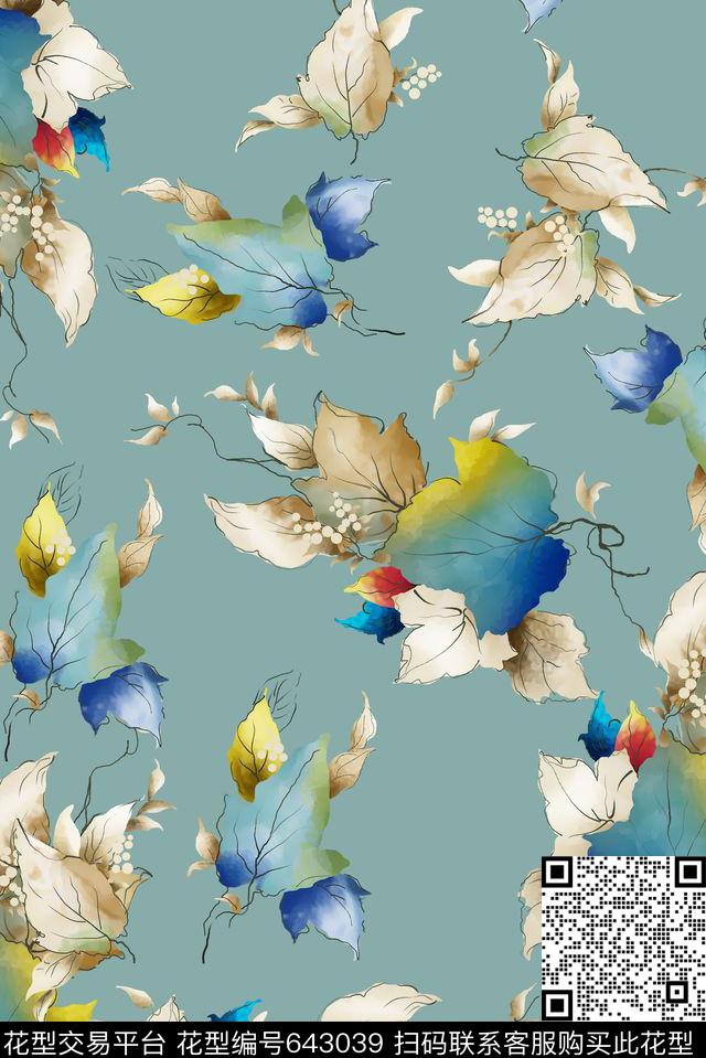 五彩叶子线描数码印花华亿平台下载（图片编号: 643039） - 瓦栏（Walan）