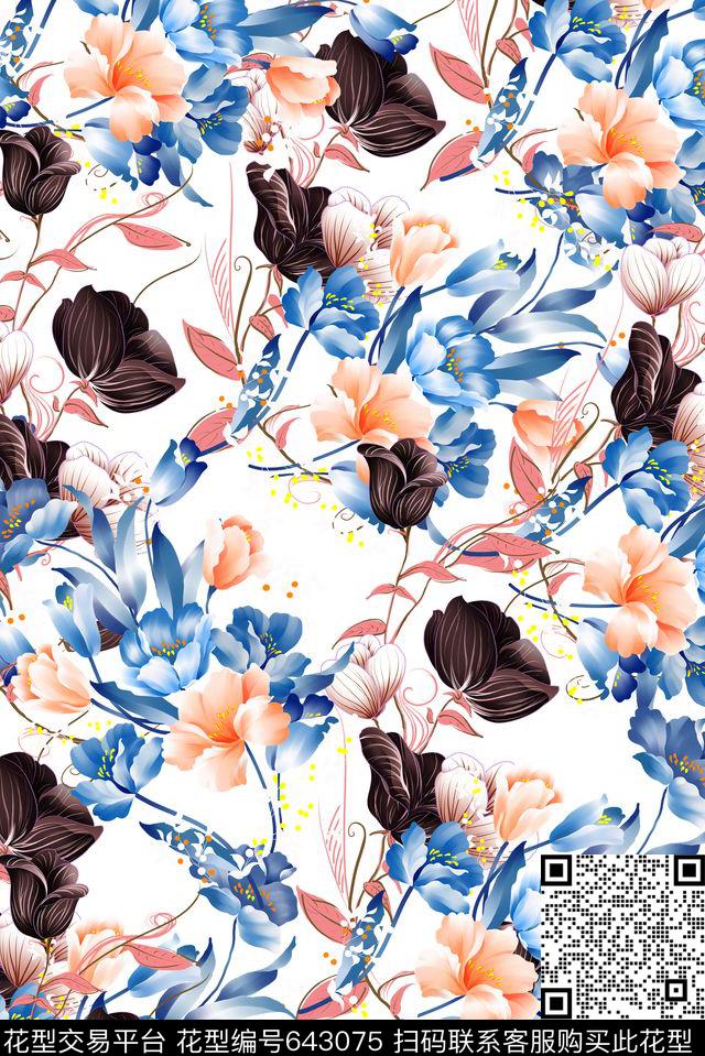 清爽手绘叶子数码印花华亿平台下载（图片编号: 643075） - 瓦栏（Walan）