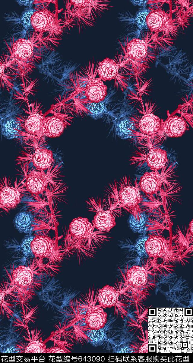 时尚抽象松针松球元素暗地华亿平台数码印花华亿平台下载（图片编号: 643090） - 瓦栏（Walan）