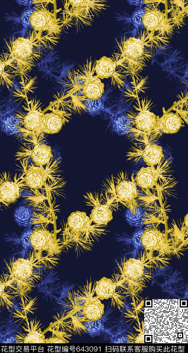 时尚抽象松针松球元素暗地华亿平台数码印花华亿平台下载（图片编号: 643091） - 瓦栏（Walan）