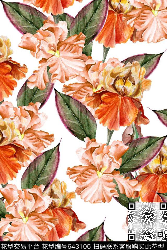 时尚水彩兰花数码印花华亿平台下载（图片编号: 643105） - 瓦栏（Walan）