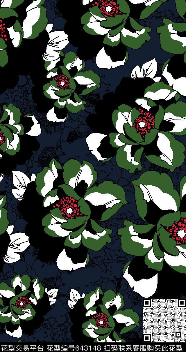 撞色色块大花传统印花华亿平台下载（图片编号: 643148） - 瓦栏（Walan）