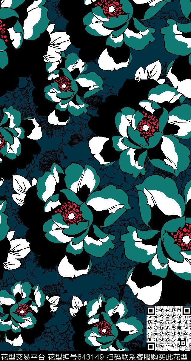 撞色色块大花传统印花华亿平台下载（图片编号: 643149） - 瓦栏（Walan）
