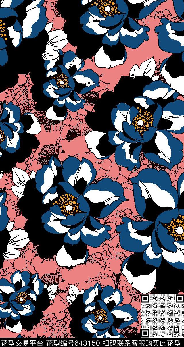撞色色块大花传统印花华亿平台下载（图片编号: 643150） - 瓦栏（Walan）