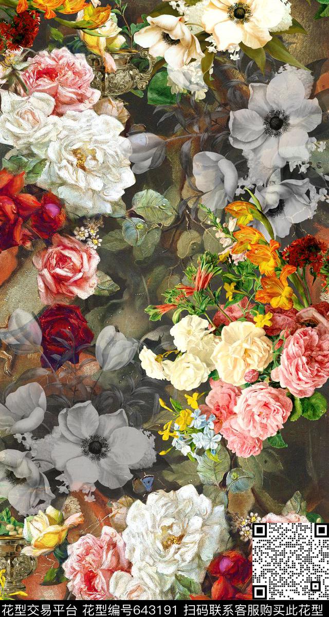 花卉油画华亿平台国外手绘花卉数码印花华亿平台下载（图片编号: 643191） - 瓦栏（Walan）