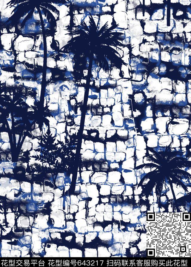 椰树抽象几何格子传统印花华亿平台下载（图片编号: 643217） - 瓦栏（Walan）