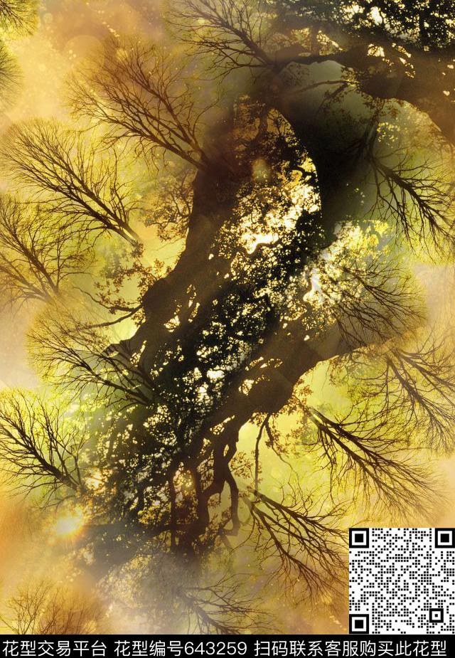 风景黄色树枝数码印花华亿平台下载（图片编号: 643259） - 瓦栏（Walan）