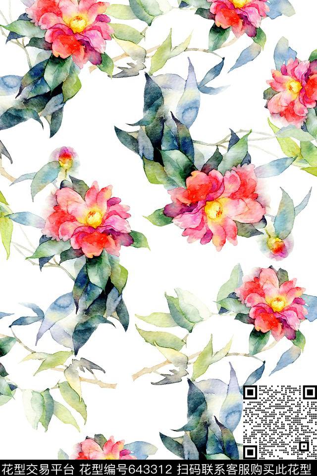 花卉叶子手绘花卉水彩数码印花华亿平台下载（图片编号: 643312） - 瓦栏（Walan）