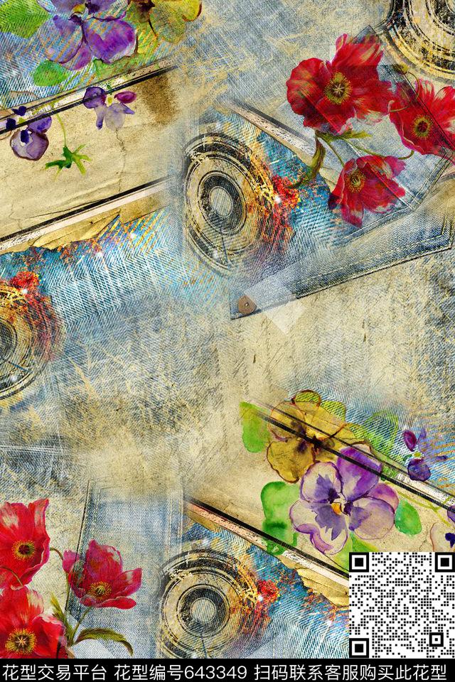 牛仔纹花朵抽象数码印花华亿平台下载（图片编号: 643349） - 瓦栏（Walan）