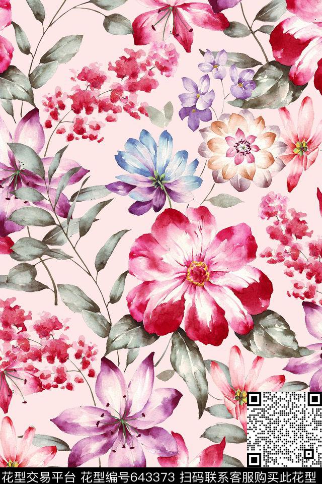 水彩花卉大花花卉数码印花华亿平台下载（图片编号: 643373） - 瓦栏（Walan）