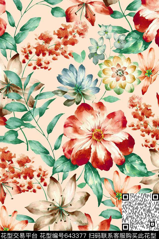 水彩花卉大花花卉数码印花华亿平台下载（图片编号: 643377） - 瓦栏（Walan）
