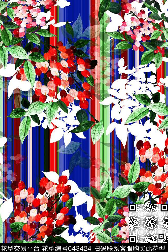 抽象手绘满版刺绣最新高清数码花卉彩色条纹数码印花华亿平台下载（图片编号: 643424） - 瓦栏（Walan）