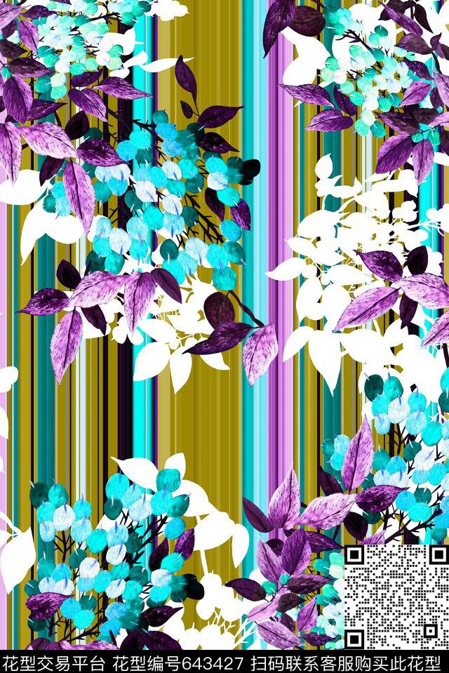 抽象手绘满版刺绣最新高清数码花卉彩色条纹数码印花华亿平台下载（图片编号: 643427） - 瓦栏（Walan）