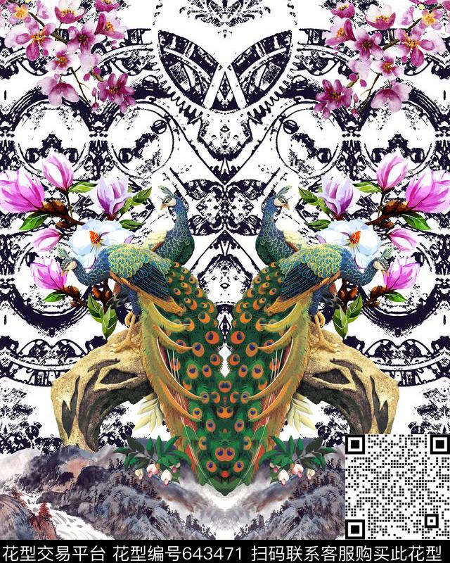 中国风孔雀花卉数码印花华亿平台下载（图片编号: 643471） - 瓦栏（Walan）