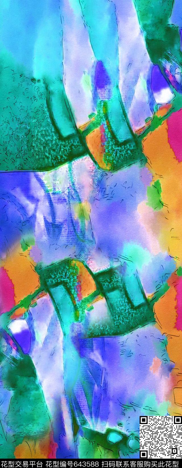 抽象油画长巾数码印花华亿平台下载（图片编号: 643588） - 瓦栏（Walan）