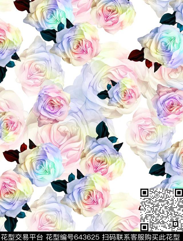 花卉花朵手绘玫瑰花数码印花华亿平台下载（图片编号: 643625） - 瓦栏（Walan）