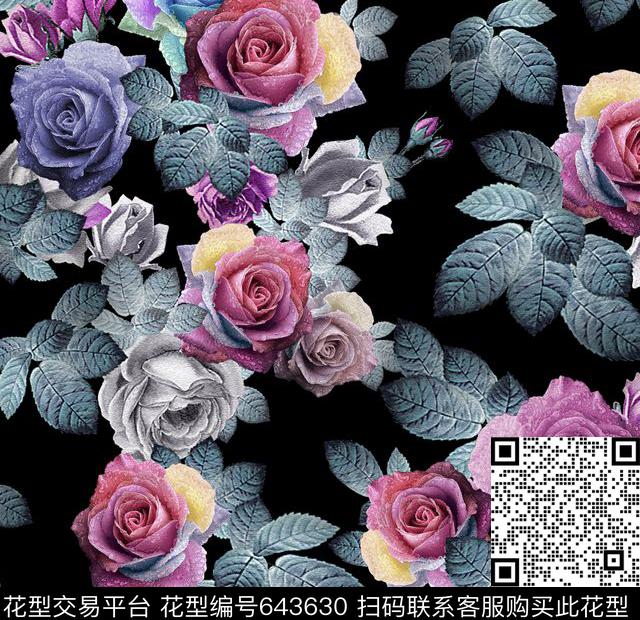 玫瑰花朵花卉数码印花华亿平台下载（图片编号: 643630） - 瓦栏（Walan）