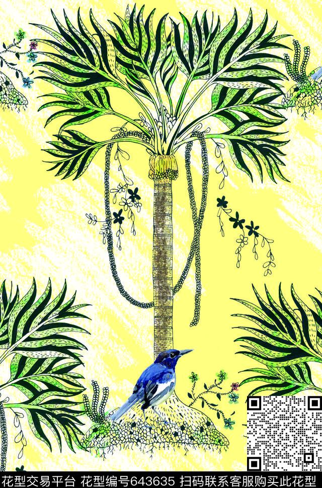 手绘热带雨林创意手绘树木水彩蜡笔风格女装花卉传统印花华亿平台下载（图片编号: 643635） - 瓦栏（Walan）
