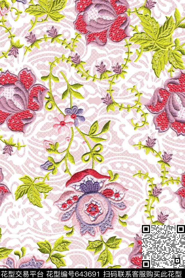 绣花蕾丝绣花花卉数码印花华亿平台下载（图片编号: 643691） - 瓦栏（Walan）