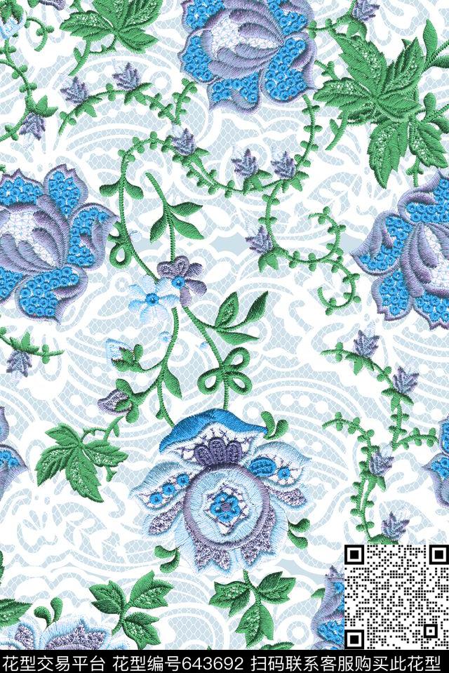 绣花蕾丝绣花花卉数码印花华亿平台下载（图片编号: 643692） - 瓦栏（Walan）