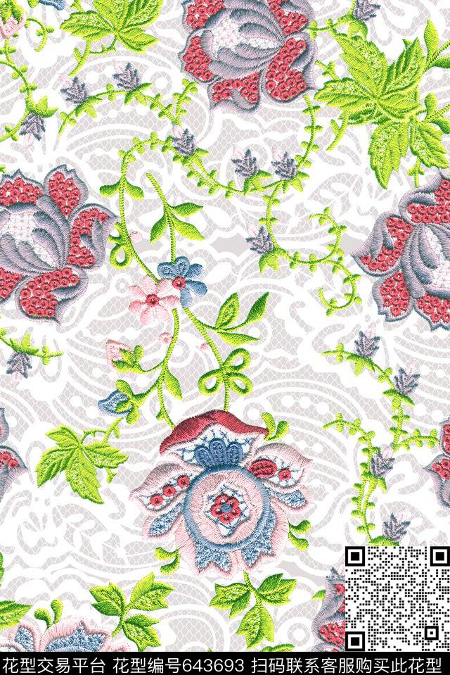 绣花蕾丝绣花花卉数码印花华亿平台下载（图片编号: 643693） - 瓦栏（Walan）