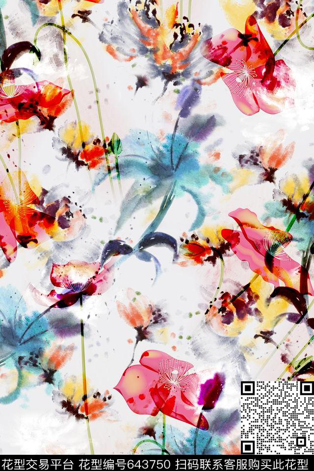 抽象花卉手绘水彩花卉水墨花卉数码印花华亿平台下载（图片编号: 643750） - 瓦栏（Walan）