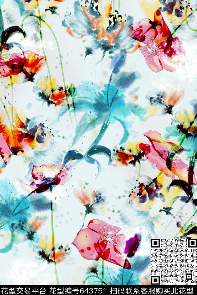 抽象花卉手绘水彩花卉水墨花卉数码印花华亿平台下载（图片编号: 643751） - 瓦栏（Walan）