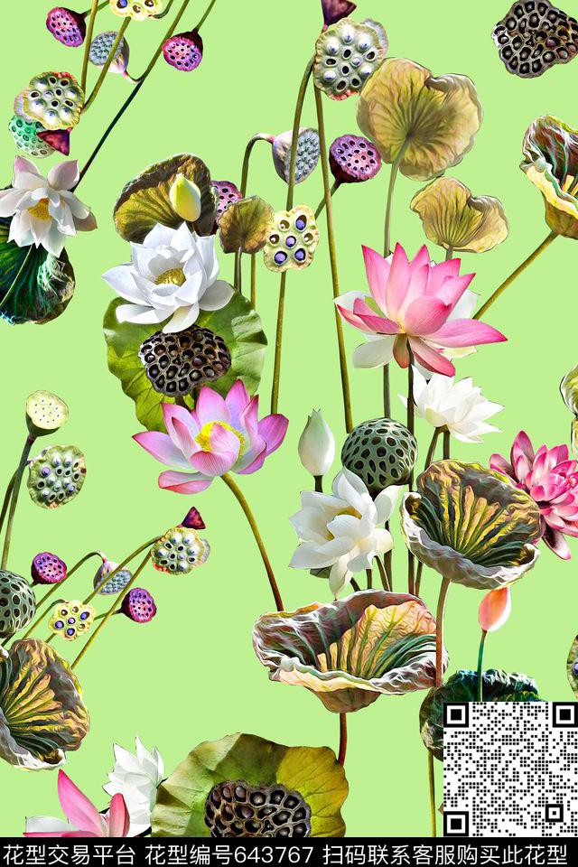 平底荷花莲蓬数码印花华亿平台下载（图片编号: 643767） - 瓦栏（Walan）