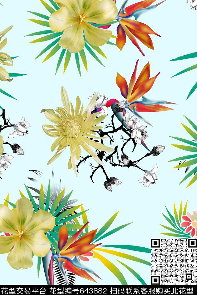 天堂鸟菊花棕榈叶数码印花华亿平台下载（图片编号: 643882） - 瓦栏（Walan）