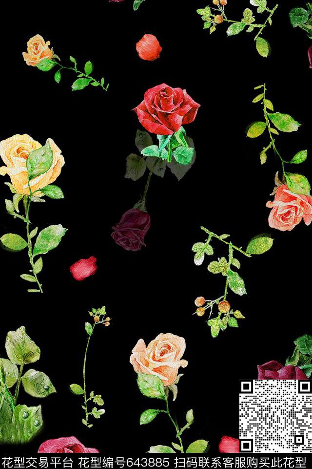 女装玫瑰花优雅数码印花华亿平台下载（图片编号: 643885） - 瓦栏（Walan）