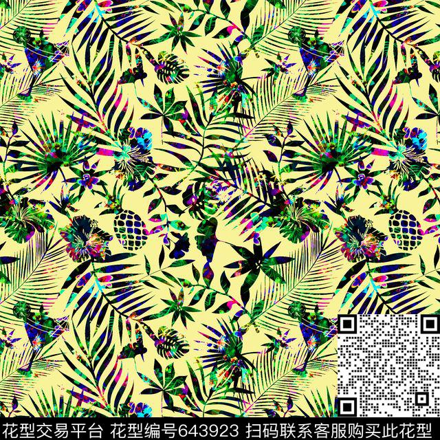 热带风。热带风植物叶子波萝数码印花华亿平台下载（图片编号: 643923） - 瓦栏（Walan）