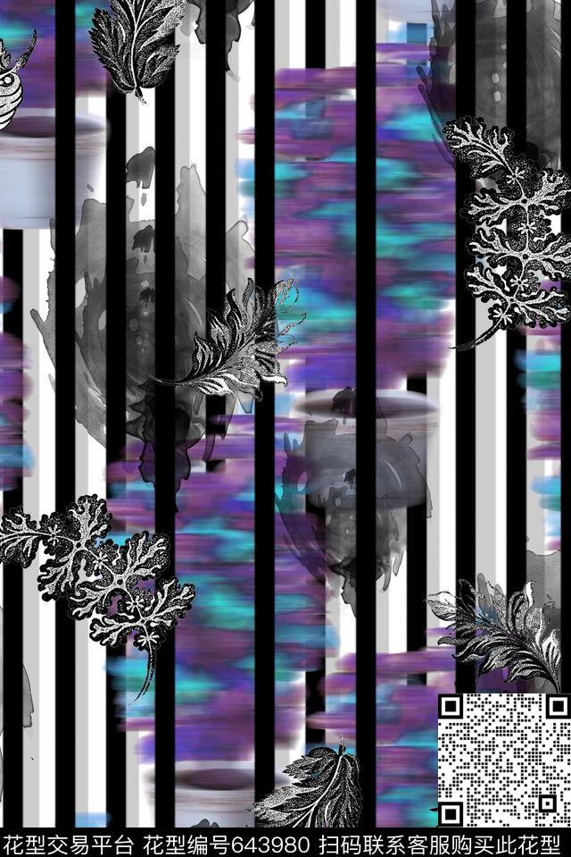 竖条条纹黑白树叶数码印花华亿平台下载（图片编号: 643980） - 瓦栏（Walan）