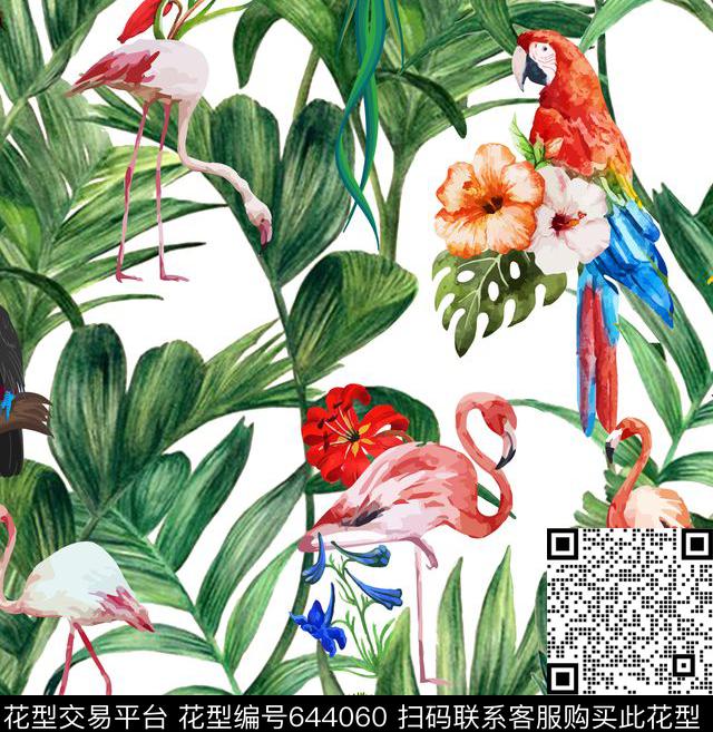 手绘热带雨林水彩蜡笔风格女装花卉天堂鸟花数码印花华亿平台下载（图片编号: 644060） - 瓦栏（Walan）