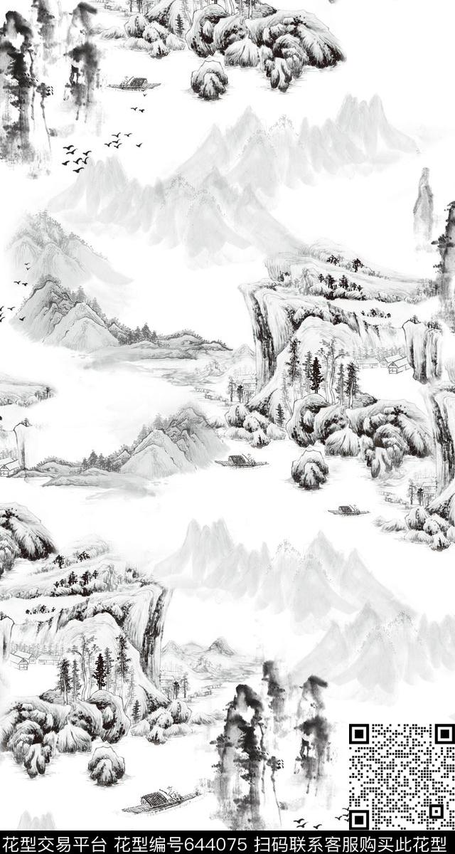 中国风水墨山水山水画风景画数码印花华亿平台下载（图片编号: 644075） - 瓦栏（Walan）