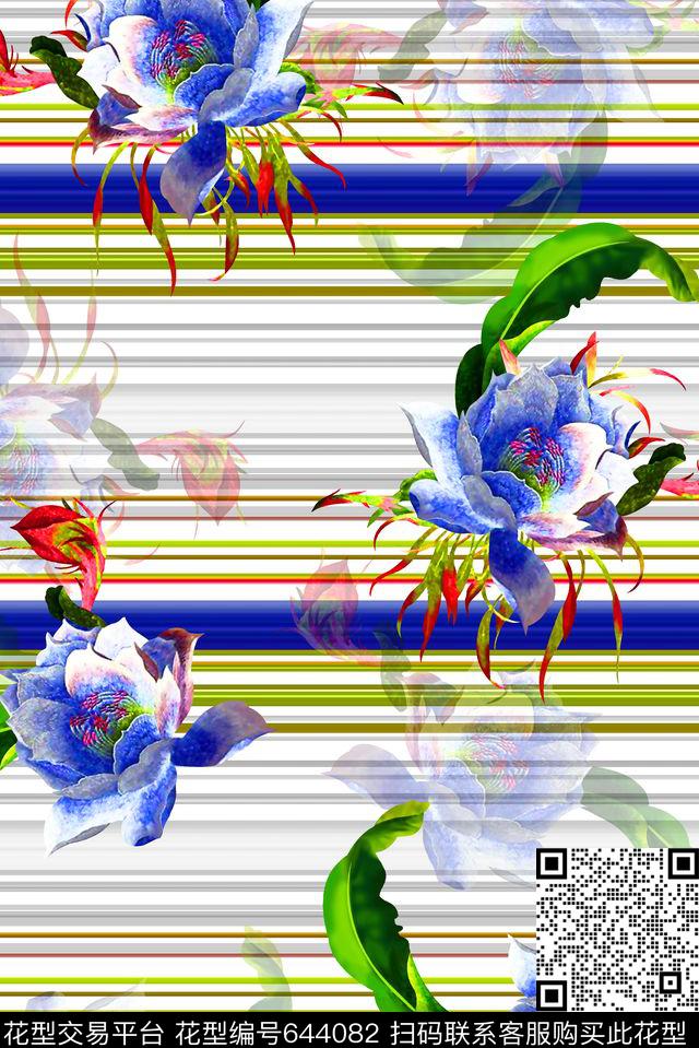 抽象手绘满版花卉最新高清数码彩色条纹时尚潮流大牌复古欧美风女装裙数码印花华亿平台下载（图片编号: 644082） - 瓦栏（Walan）
