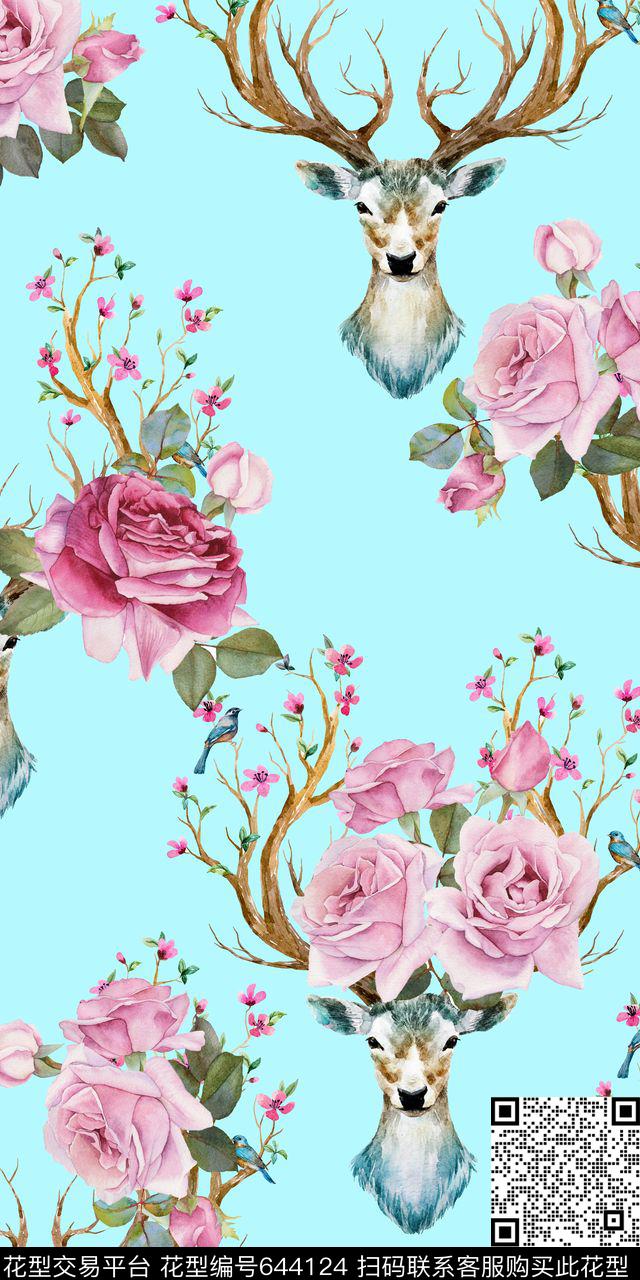 花卉鸟梅花鹿数码印花华亿平台下载（图片编号: 644124） - 瓦栏（Walan）