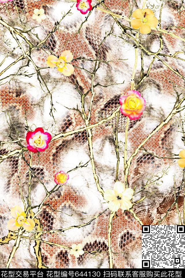 蛇皮树枝花卉数码印花华亿平台下载（图片编号: 644130） - 瓦栏（Walan）
